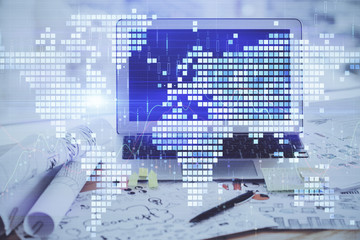 Obraz premium Multi exposure of business theme icons and work space with computer background. Concept of success.