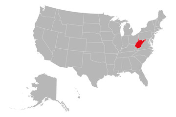 Fototapeta na wymiar West virginia state highlighted on USA political map vector illustration. Gray background.