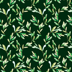 Fototapeta na wymiar Greenery watercolor seamless pattern hand painted botanical garden . Nature eco design branches and leaves. Green illustration for wrapping paper, textile fabric db.