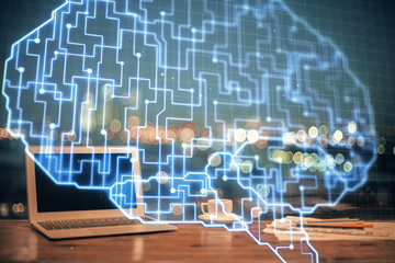 Multi exposure of work table with computer and brain hologram. Brainstorm concept.