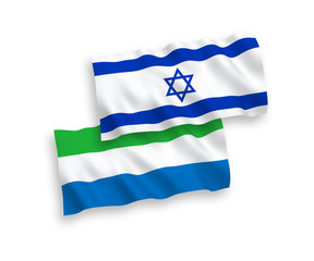 National vector fabric wave flags of Sierra Leone and Israel isolated on white background. 1 to 2 proportion.