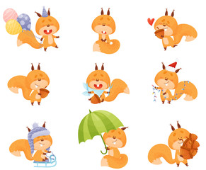 Cartoon Squirrel Character Engaged in Different Activities Vector Set