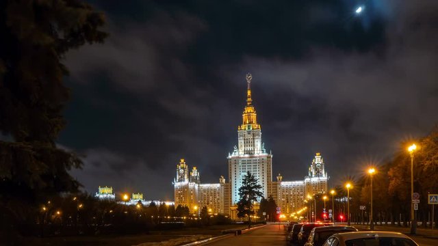 The main building of Moscow State University, evening time lapse. Beautiful evening cityscape, traffic, 4k