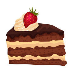 Sweet Chocolate Cake Slice, Delicious Dessert with Cream and Fresh Strawberry Vector Illustration