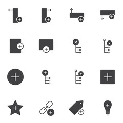 Data Add, plus vector icons set, modern solid symbol collection, filled style pictogram pack. Signs, logo illustration. Set includes icons as add link, bookmark, download, save new file, idea lamp