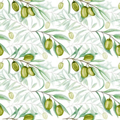 Seamless pattern Watercolor green olive tree branch leaves. Realistic olives illustration on white background, Hand painted fabric texture. Design for invitations, greeting card, poster, label concept