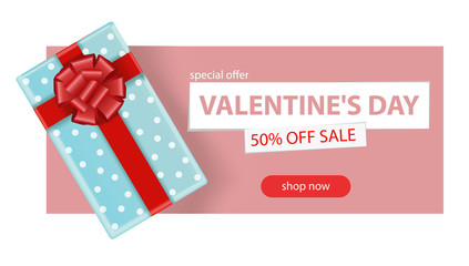 Valentine s day sale background. Romantic composition with hearts, beads and a box with a gift. Vector illustrations for website, posters, advertising, coupons