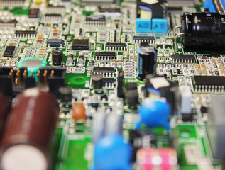 Closeup of electronic circuit board or PCB printed circuit board