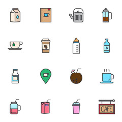 Cafe drinks filled outline icons set, line vector symbol collection, linear colorful pictogram pack. Signs, logo illustration, Set includes icons as milk package, menu booklet, take away coffee cup