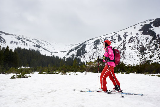 Side view of female cross country skier in pink suit walking on ski along snowy ridge with backpack. Copy space on grey cloudy sky. Snow-capped mountains, trees on background. Ski touring