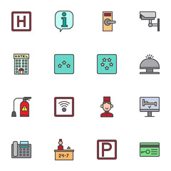 Hotel service filled outline icons set, line vector symbol collection, linear colorful pictogram pack. Signs, logo illustration, Set includes icons as parking, lock, cctv, reception bell, receptionist
