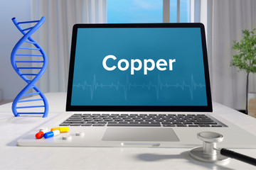 Copper – Medicine/health. Computer in the office with term on the screen. Science/healthcare