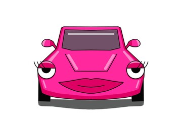 cartoon pink car with eyes and lashes and lips isolated on white background