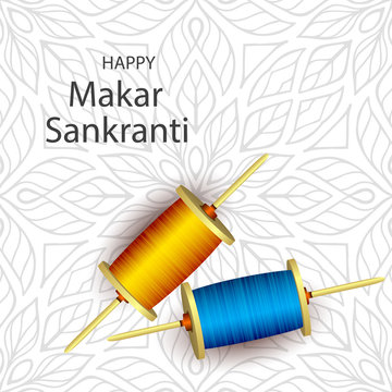 illustration of Happy Makar Sankranti wallpaper with colorful kite string for festival of India