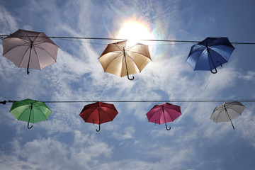 Many umbrellas hung to decorate