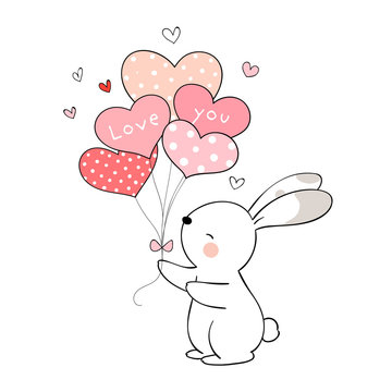 Draw rabbit holding balloon for Valentine's day.