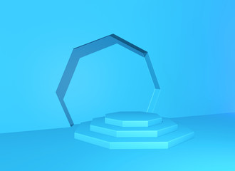 Pedestal or podium with steps and wall arch in the blue abstract background. 3D illustration