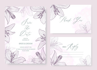 Botanical creamy wedding invitation card template set with floral decoration.