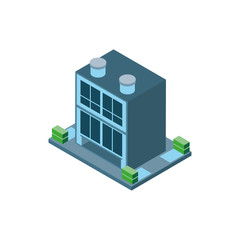 Isometric grey city building with shrubs vector design