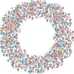wreath of blue and brown hearts on a white background with copy space