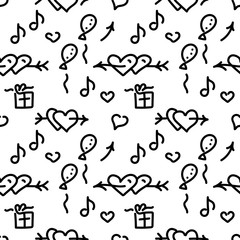 Doodle hand drawn seamless pattern, holiday theme. Hearts, arrows, gifts, balloons and other elements. Line Doodle sketch. Vector illustration on white background