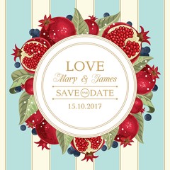 Wedding invitations with pomegranate and leaves. Composition for a wedding or greeting card. Design element for wedding,
 birthday, natural and eco cosmetics. Can be used for a poster, invitation , or