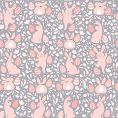 Easter seamless pattern with decorated eggs and egg hunt bunny smiling characters silhouettes. For holiday cards, packaging paper, banner, etc. Vector illustration