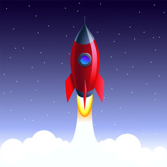 Space flat vector background with rocket, spaceship. Space for your text.