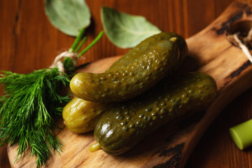 Pickled salted sour cucumbers, dill, garlic on wooden board