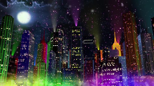 4K Colorful Modern City at Night in Snowfall Seamless Looping Animation