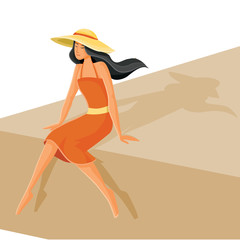 girl with dark hair in a large beach hat and in a red dress sits on something brown and dangles, carefree, summer, happiness, beauty, vector illustration