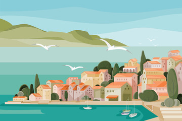 Mediterranean landscape with sea, mountains, beach and small houses with red roofs and seagulls flying over it all,