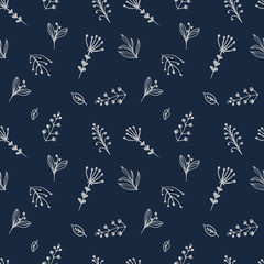Seamless pattern on a blue background. Ink hand-drawn pine branches. For the design of gifts, backgrounds, wrappers, cards