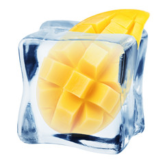 mango in ice cube, isolated on white background, clipping path, full depth of field