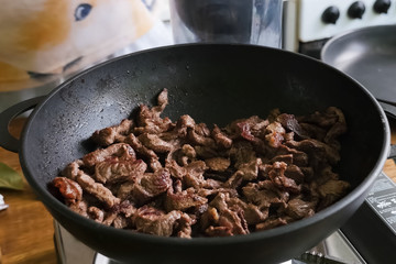 Roasted pork meat in a pan. pork