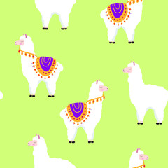Lama , alpaca animals cute vector cartoon seamless pattern on green background. Concept for print, cards, wallpapers, wrapping paper 