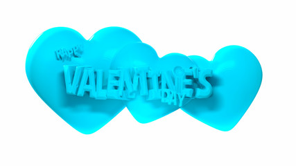 Happy Valentine's Day lettering with three hearts behind in blue color made of caramel. 3d illustration isolated on white