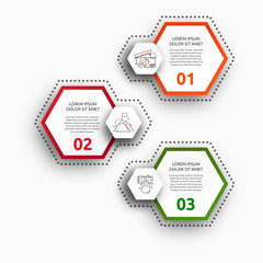 Vector infographic with 3 hexagons. Used for three diagrams, graph, flowchart, timeline, marketing, presentation. Creative business concept step by step
