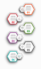 Vector infographic with 6 hexagons. Used for six diagrams, graph, flowchart, timeline, marketing, presentation. Creative business concept step by step