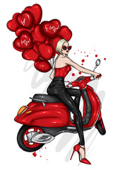 Beautiful girl on a cool motorcycle. Biker. Stylish woman in glasses and high heel shoes. Fashion and style, clothes and accessories. Vector illustration for a card or poster.