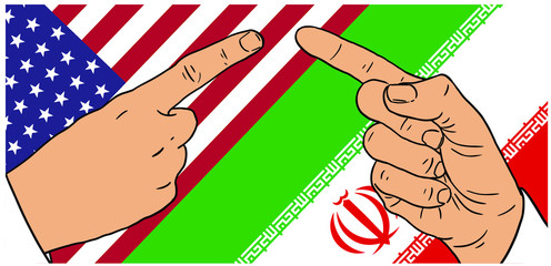 USA vs Iran. USA and Iran conflict and crisis concept. Hands on flags. USA and Iran relationship. 