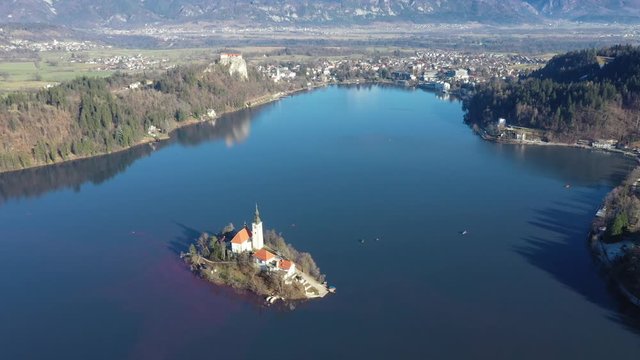 Bled lake aerial view panorama in winter season