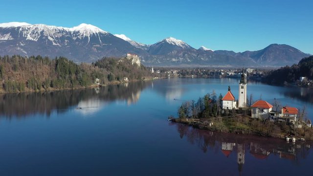 Bled lake aerial view panorama in winter season
