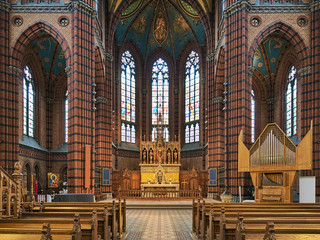 Interior of St. John's Church in Stockholm, Sweden. The brick church in the Neo-Gothic style was...
