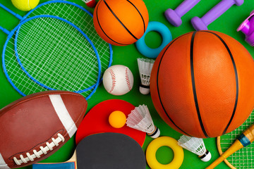 Composition of various sport equipment for fitness and games - Powered by Adobe