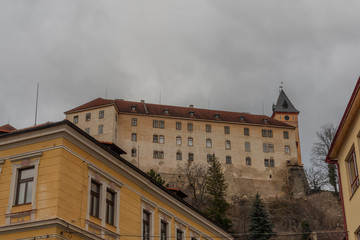 Vimperk town in Sumava national park in cloudy winter day