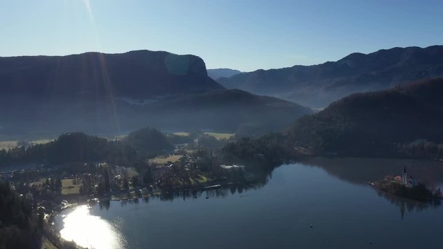 Bled lake aerial view panorama in winter season
