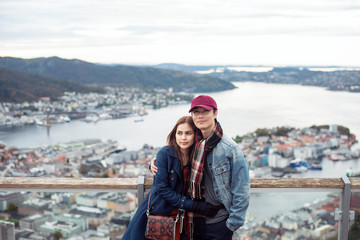 Couple of love is enjoying travel  in Bergen, Norway