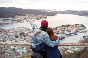 Couple of love is enjoying travel  in Bergen, Norway