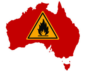 Fire symbol on Australia map sign vector illustration. Australia bush fire. Disaster wild fire warning sign.